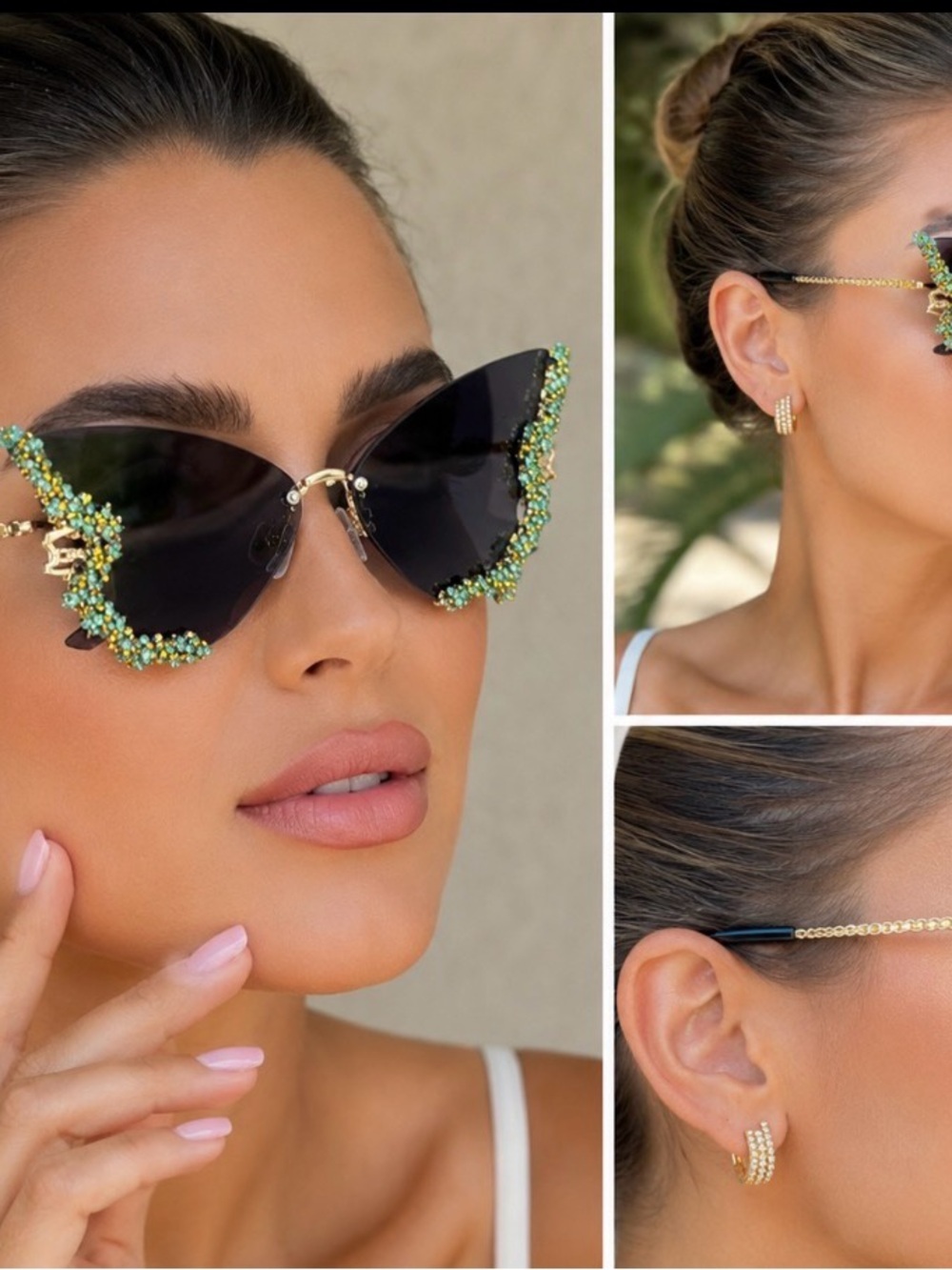 Embellished Black Butterfly Sunglasses with Green Bead Accents